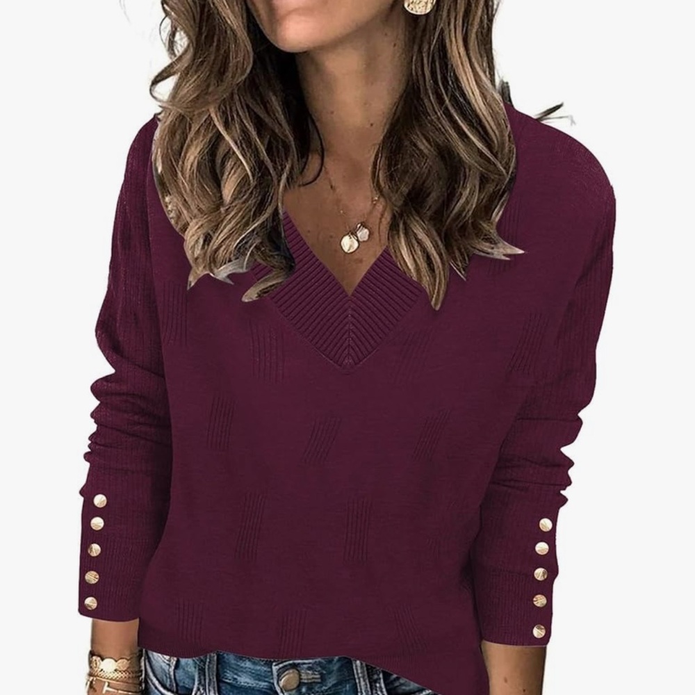 Purple V-Neck Knit Sweater with Textured Fabric